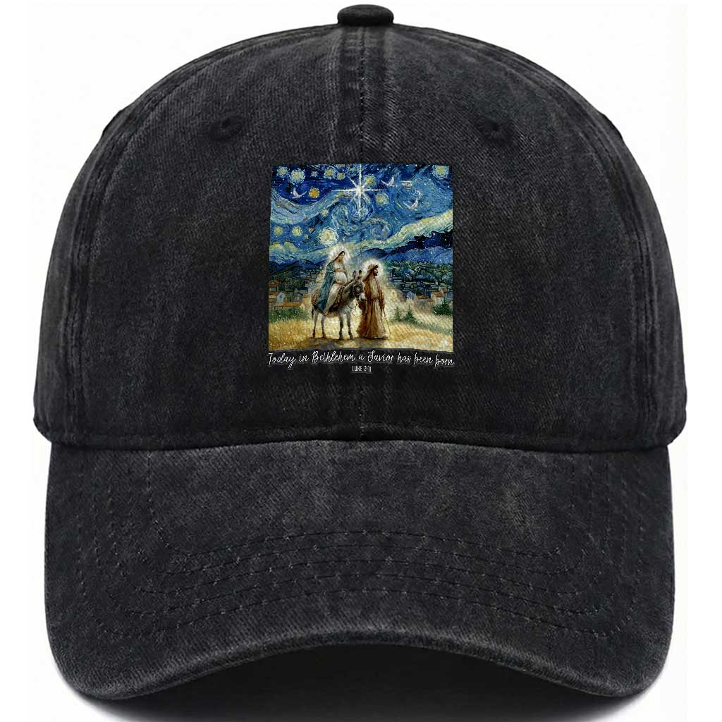 Bethlehem Starry Night Washed Cotton Baseball Cap Nativity Luke 2:11 Christian Christmas