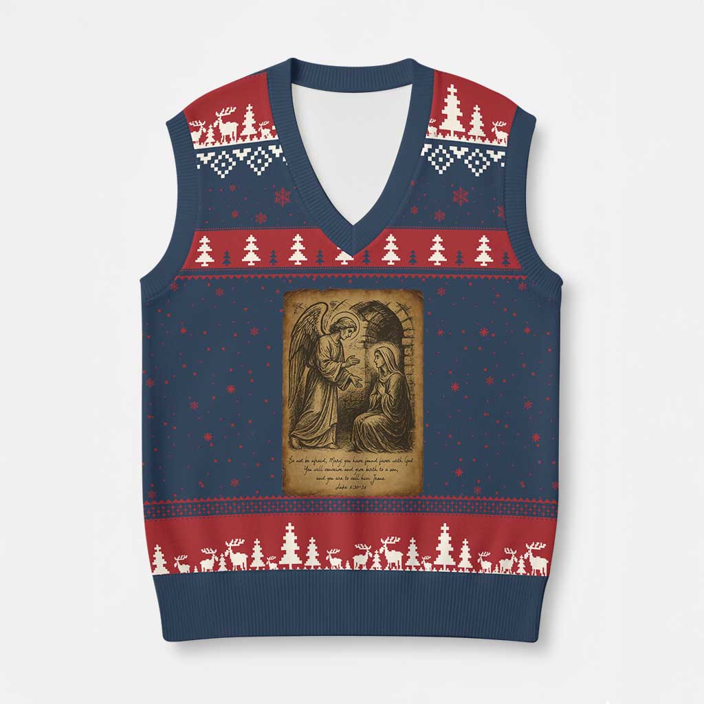 Virgin Mary V-Neck Knit Sweater Vest Angel Gabriel Luke 1:30 Christian - Wonder Print Shop