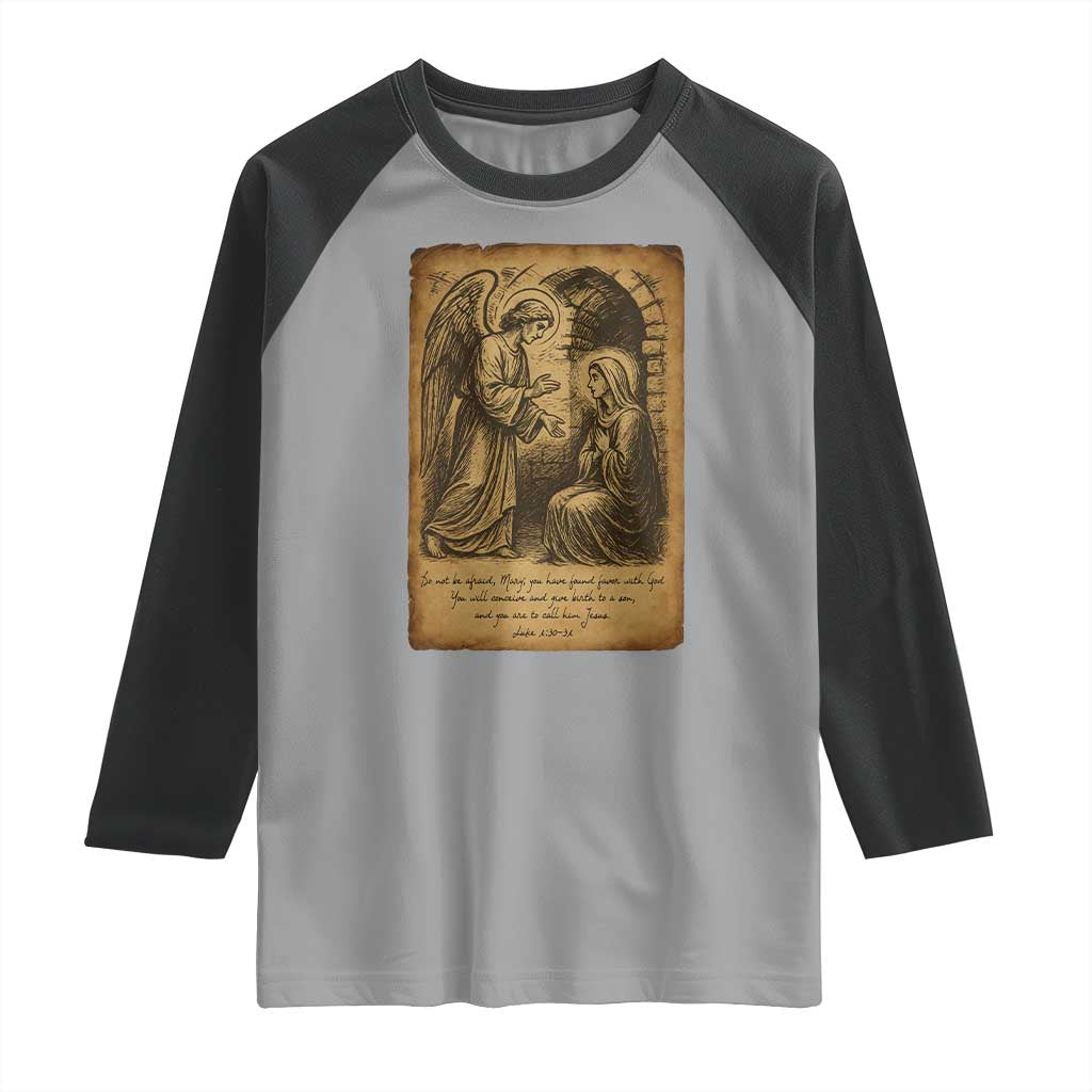 Virgin Mary Raglan Shirt Angel Gabriel Luke 1:30 Christian - Wonder Print Shop