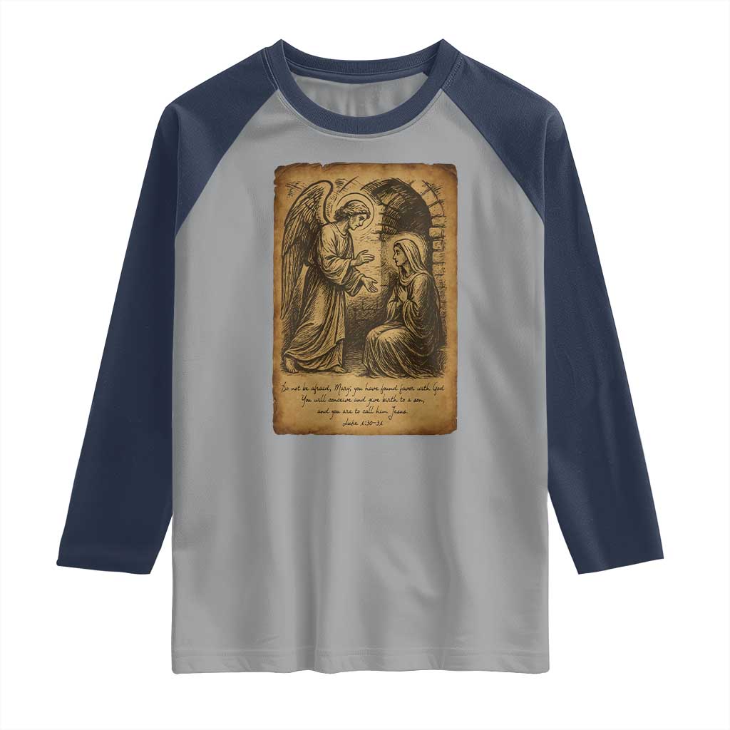 Virgin Mary Raglan Shirt Angel Gabriel Luke 1:30 Christian - Wonder Print Shop