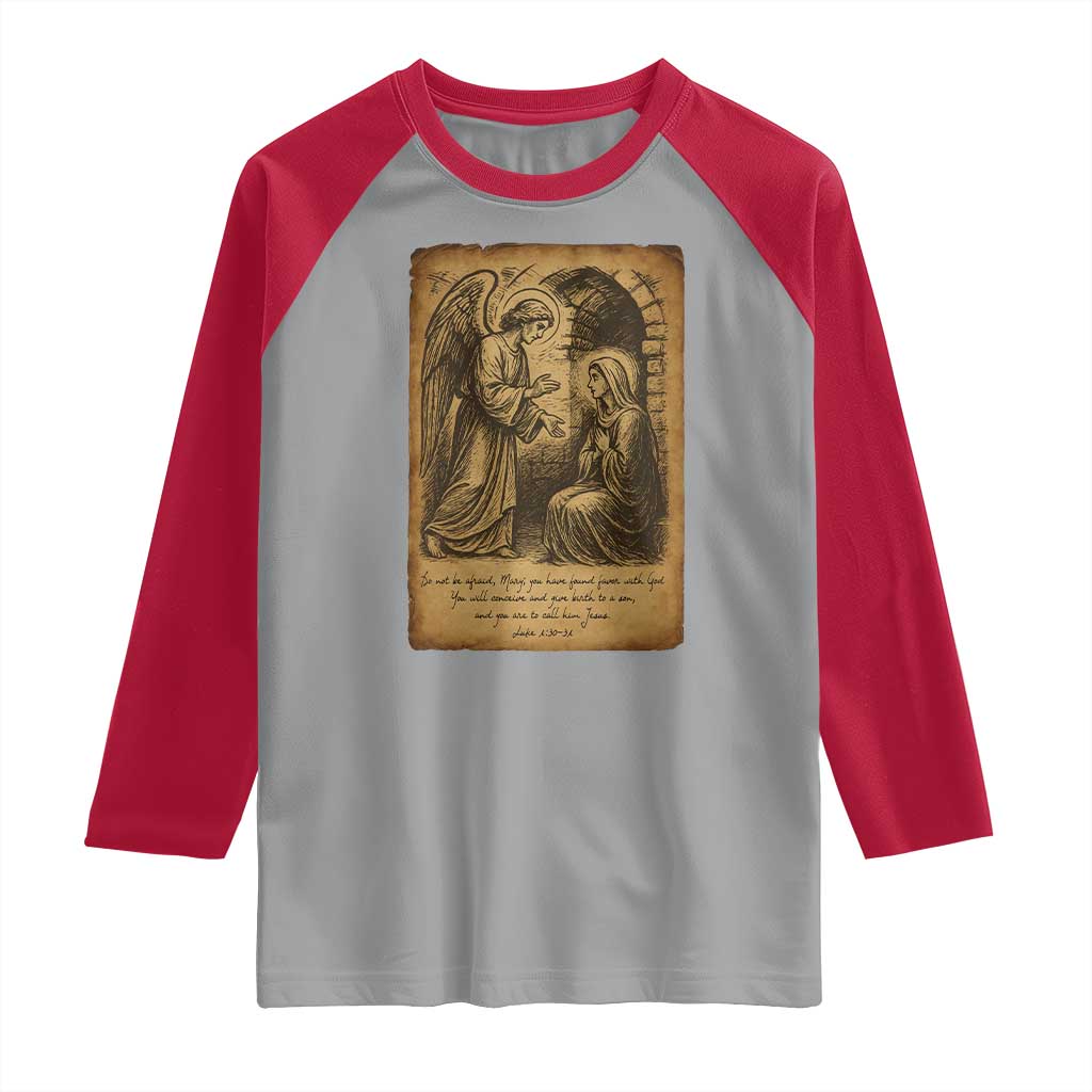 Virgin Mary Raglan Shirt Angel Gabriel Luke 1:30 Christian - Wonder Print Shop
