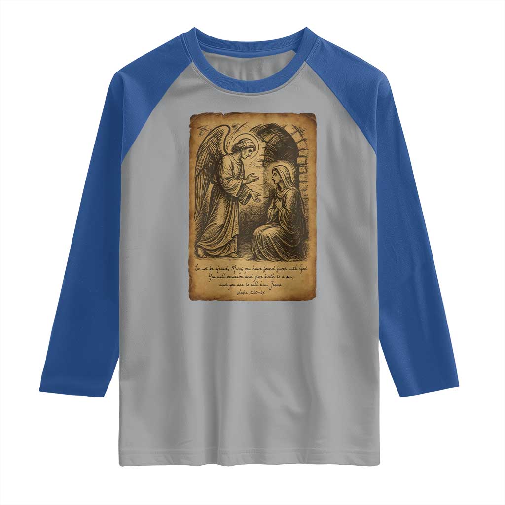 Virgin Mary Raglan Shirt Angel Gabriel Luke 1:30 Christian - Wonder Print Shop