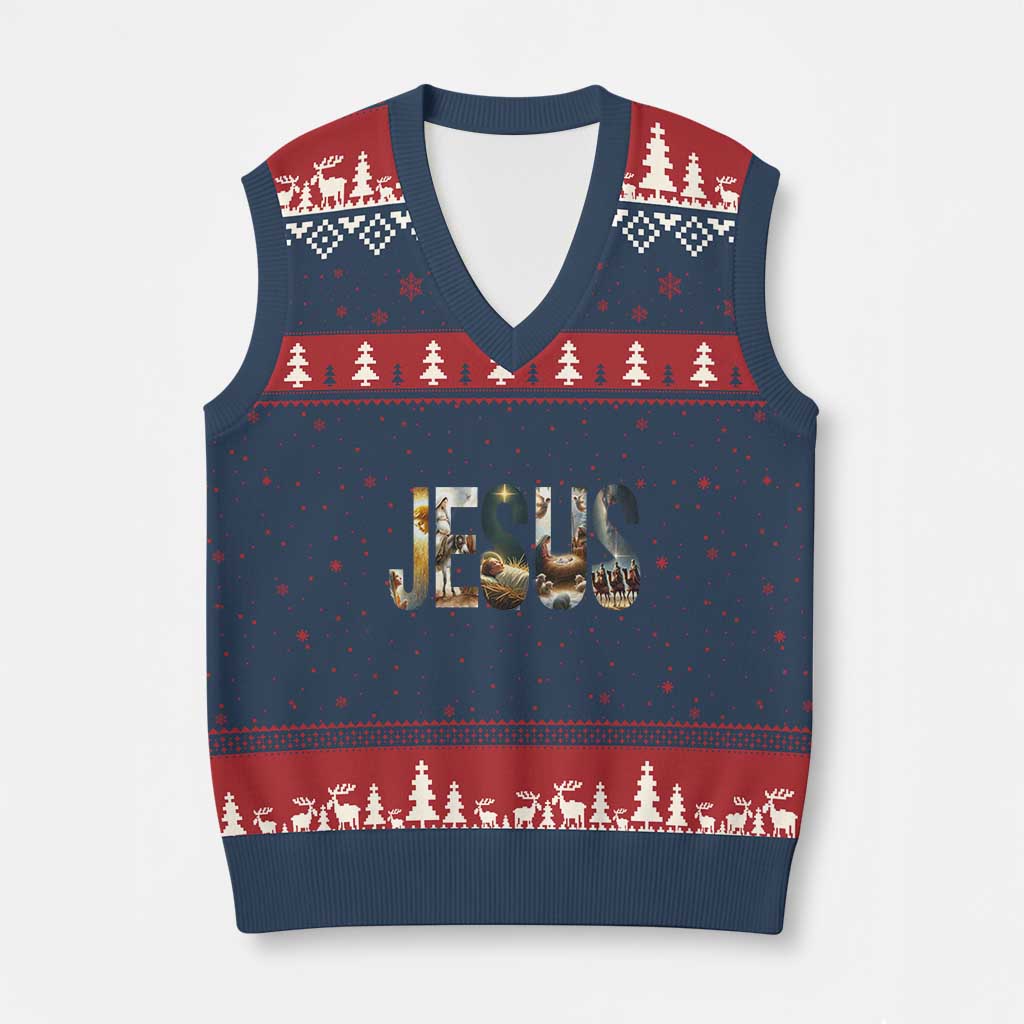 Jesus Xmas V-Neck Knit Sweater Vest Nativity Holy Night Christian Faith - Wonder Print Shop