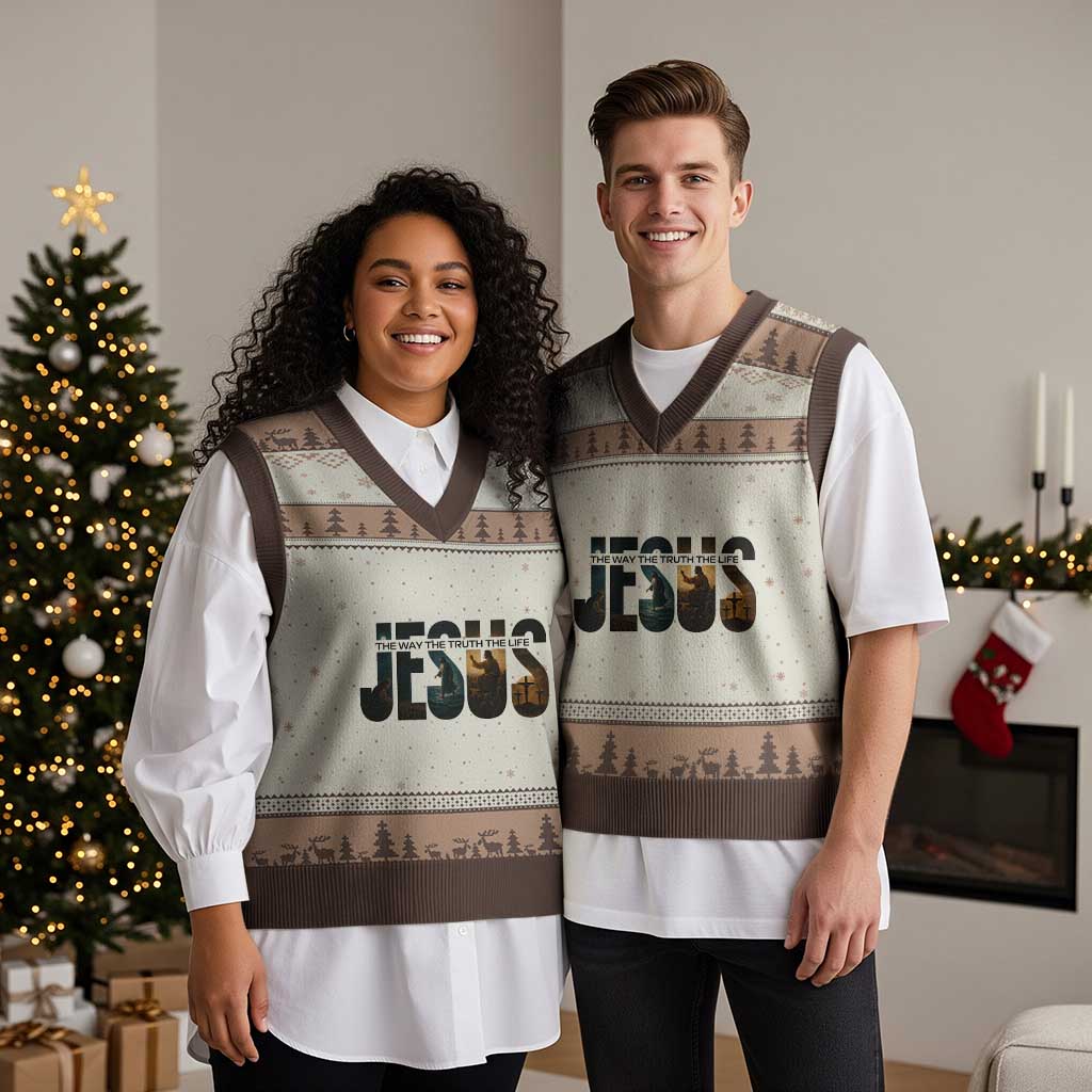 Jesus Christian Bible V-Neck Knit Sweater Vest The Way The Truth The Life - Wonder Print Shop