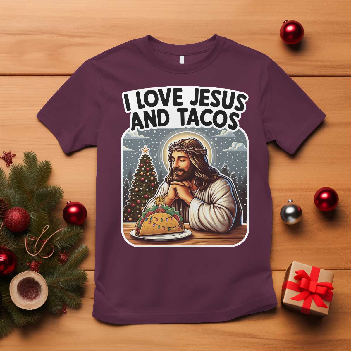 Funny Jesus Christian Christmas T Shirt I Love Jesus And Tacos - Wonder Print Shop