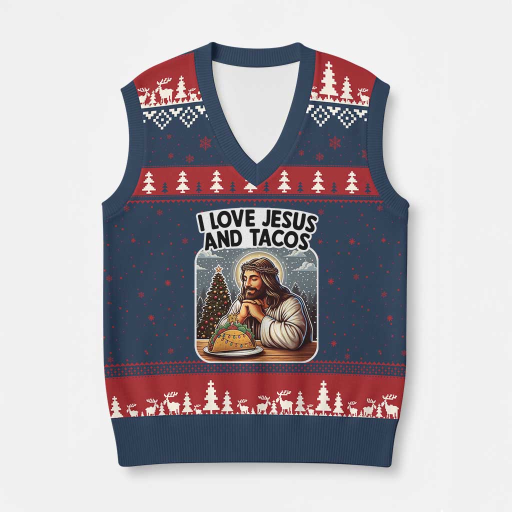 Funny Jesus Christian Xmas V-Neck Knit Sweater Vest I Love Jesus And Tacos - Wonder Print Shop