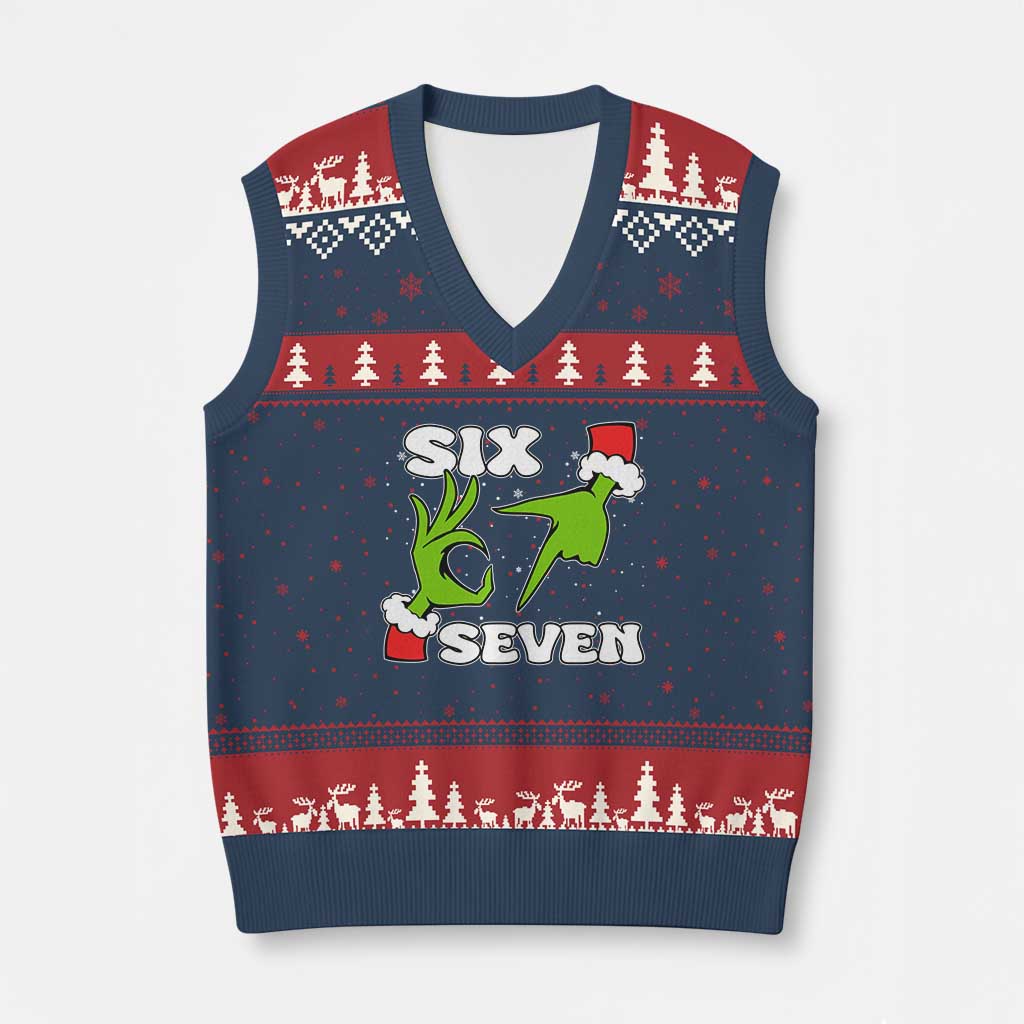 67 Six Seven Xmas Meme V-Neck Knit Sweater Vest Funny Elf Hands - Wonder Print Shop