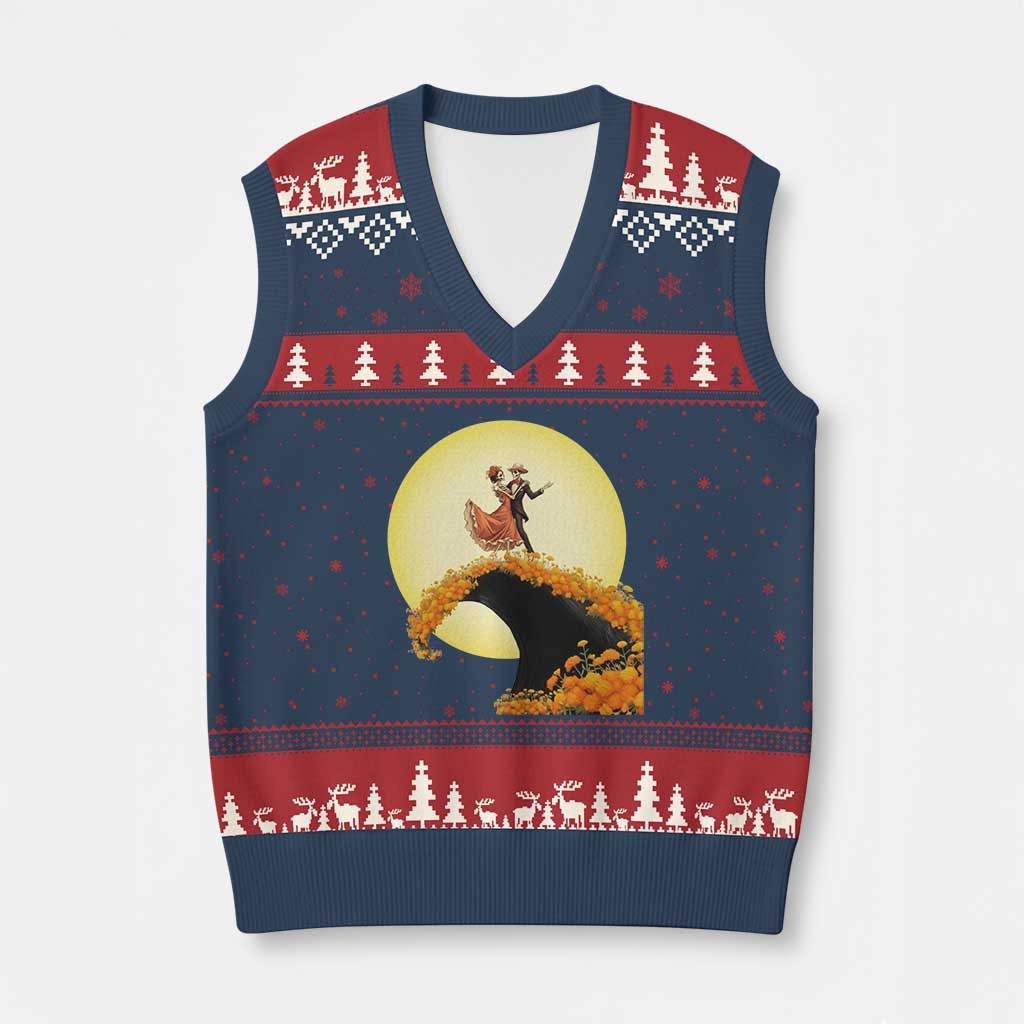 Dia De Los Muertos V-Neck Knit Sweater Vest Skeletons Dancing Mexican - Wonder Print Shop