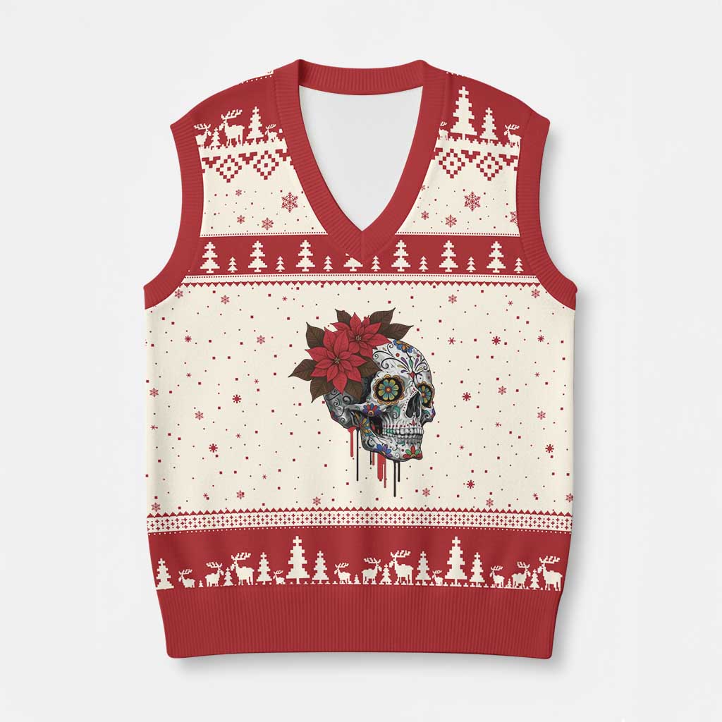 Sugar Skull Calavera Holiday Spirit Mistletoe V-Neck Knit Sweater Vest - Wonder Print Shop