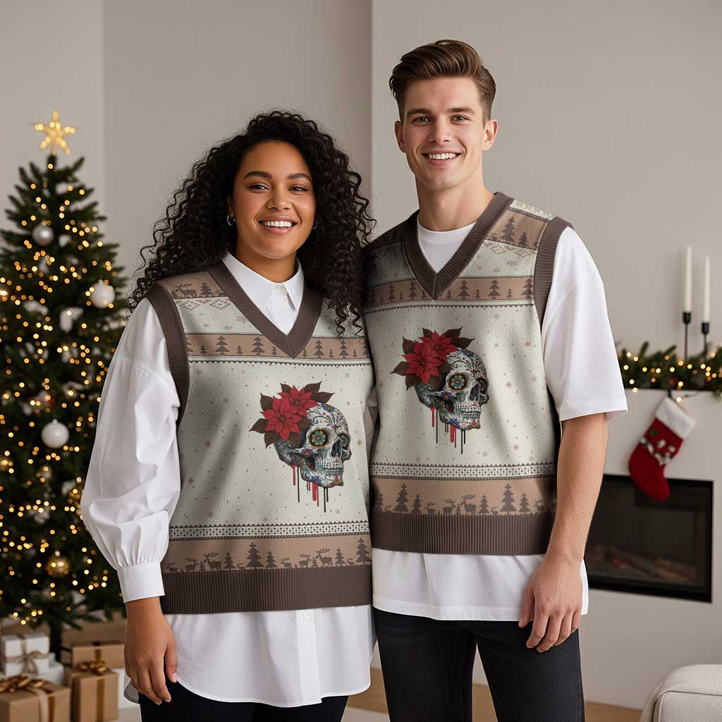 Sugar Skull Calavera Holiday Spirit Mistletoe V-Neck Knit Sweater Vest - Wonder Print Shop