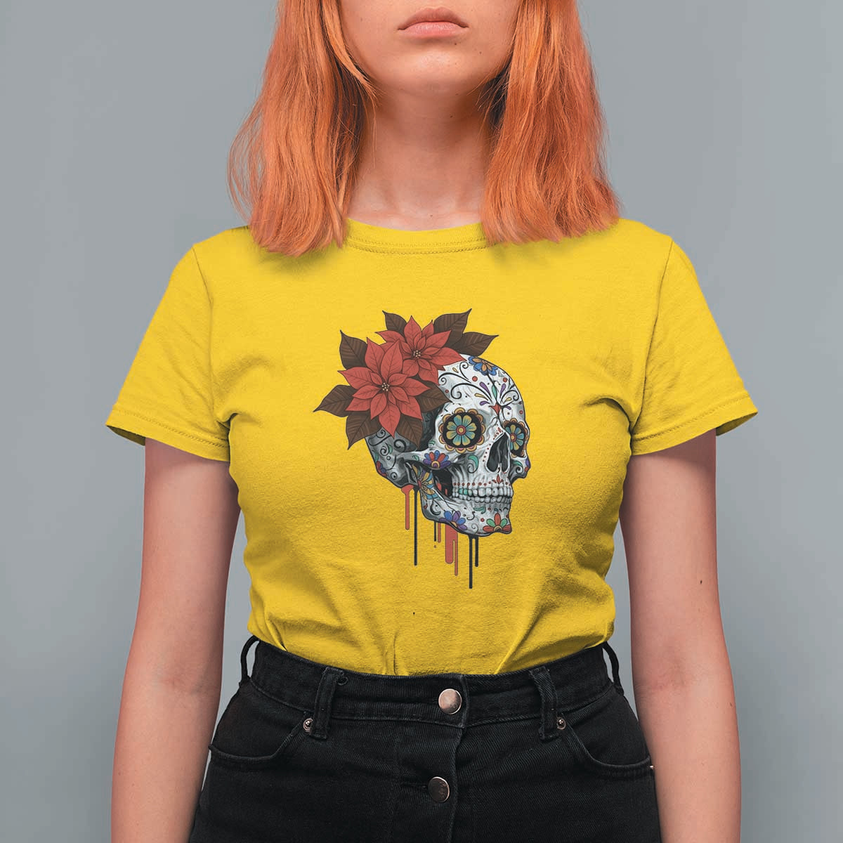 Sugar Skull Calavera Holiday Spirit Mistletoe T Shirt For Women - Wonder Print Shop
