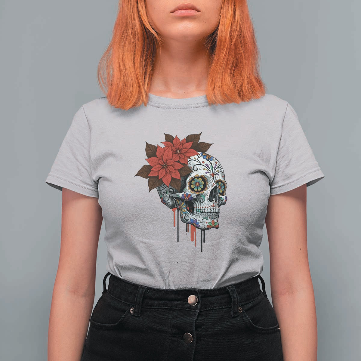Sugar Skull Calavera Holiday Spirit Mistletoe T Shirt For Women - Wonder Print Shop