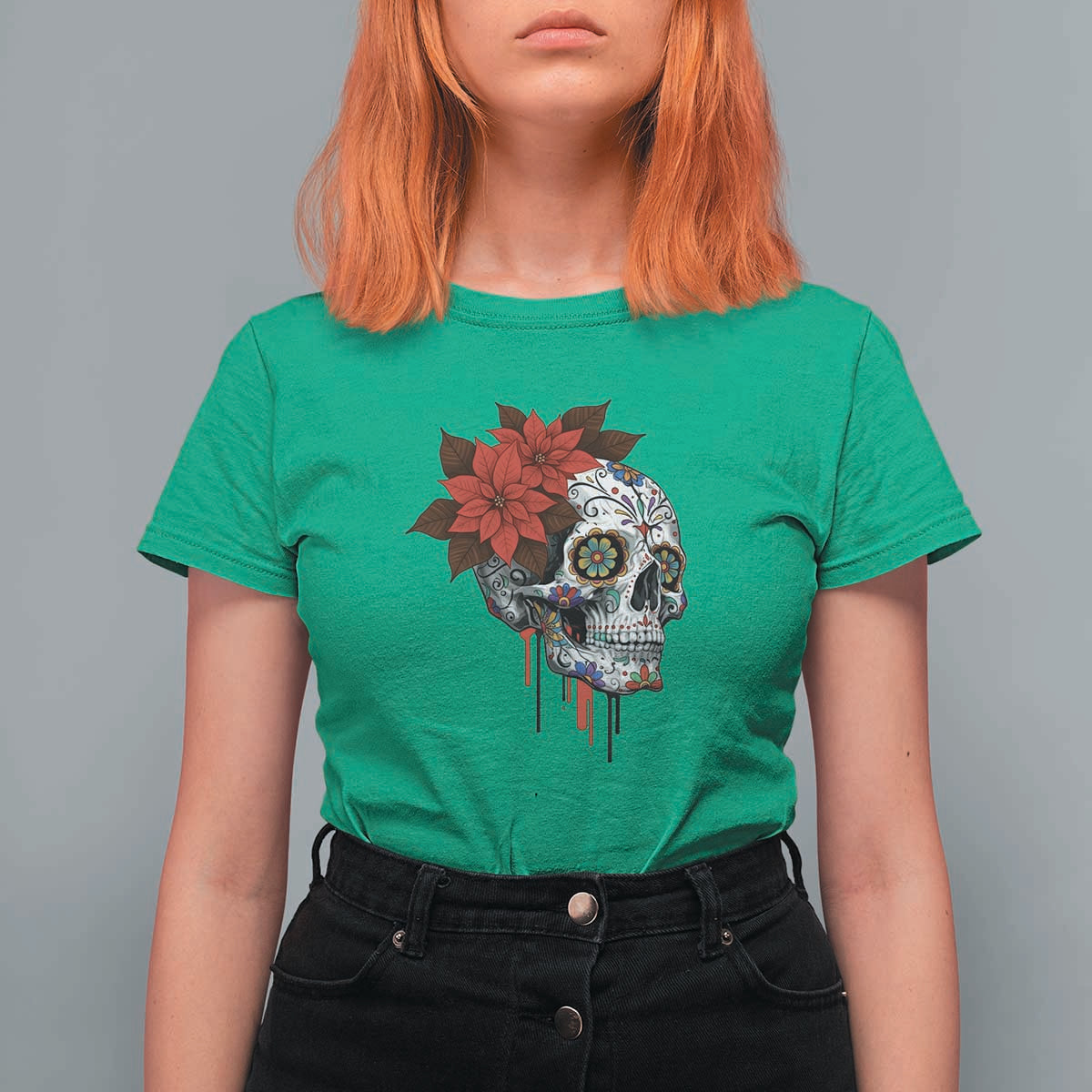 Sugar Skull Calavera Holiday Spirit Mistletoe T Shirt For Women - Wonder Print Shop