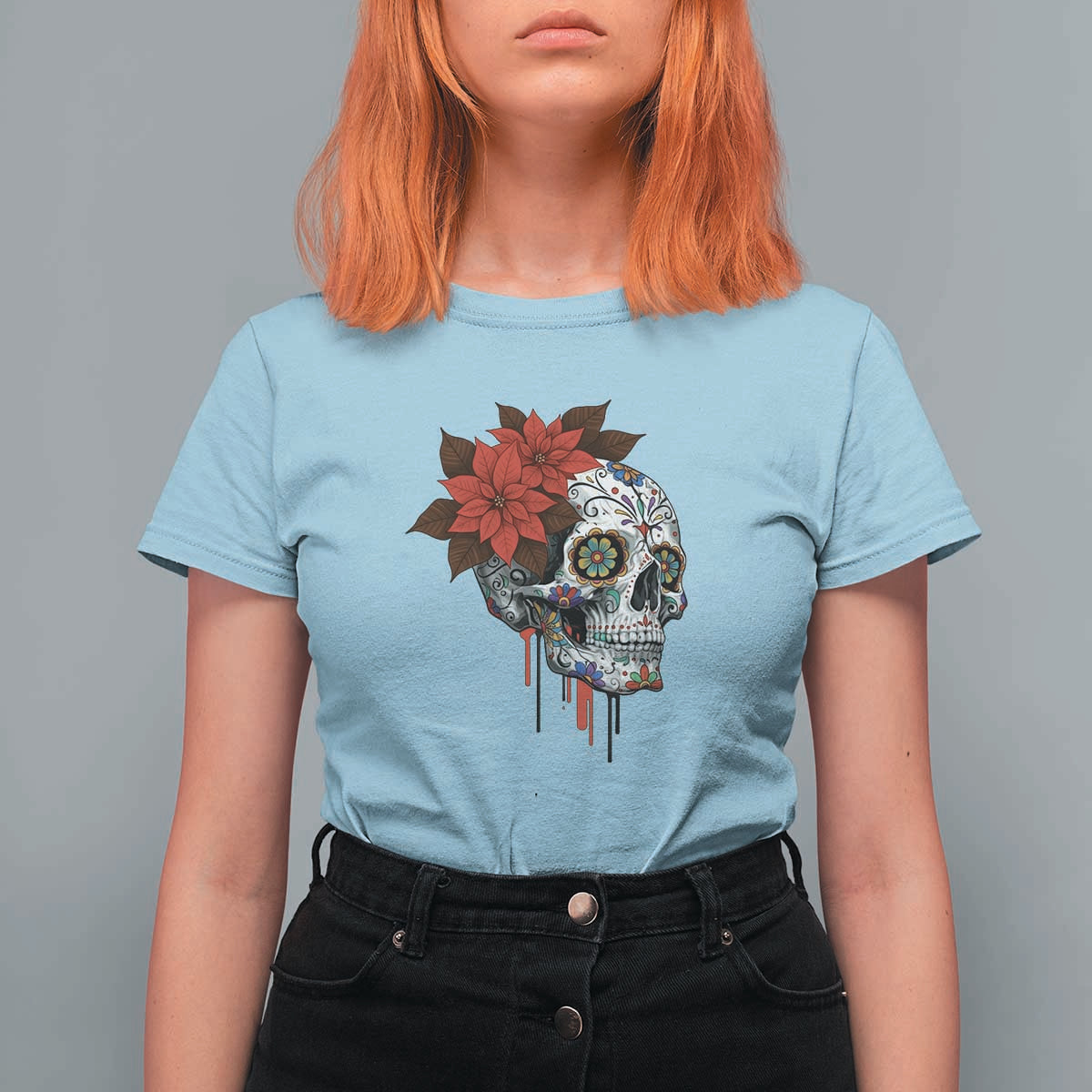 Sugar Skull Calavera Holiday Spirit Mistletoe T Shirt For Women - Wonder Print Shop