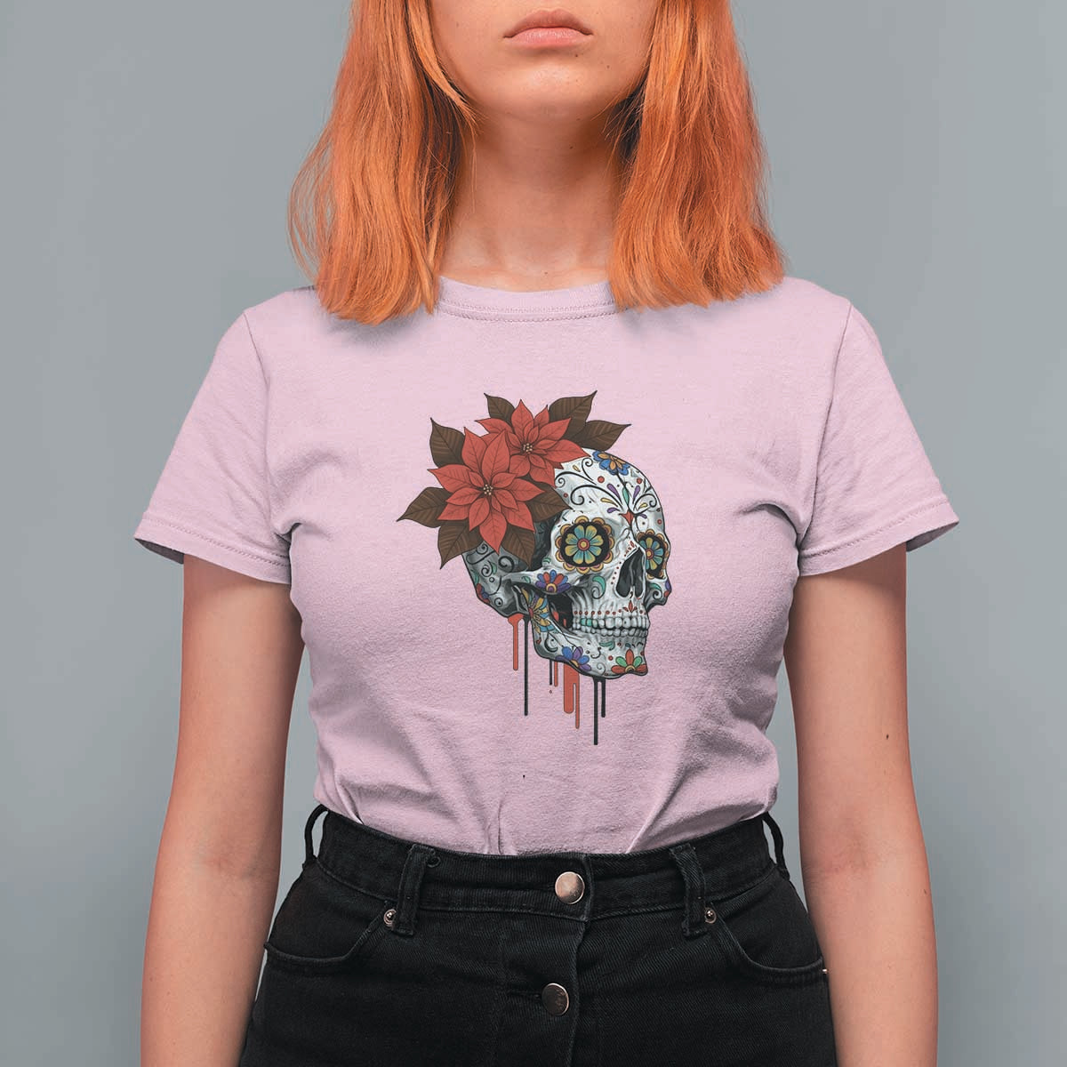 Sugar Skull Calavera Holiday Spirit Mistletoe T Shirt For Women - Wonder Print Shop