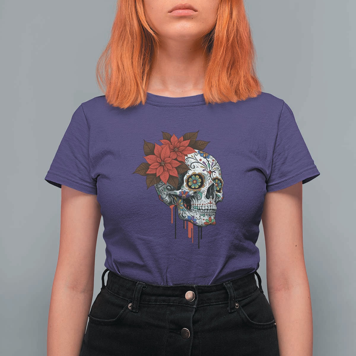 Sugar Skull Calavera Holiday Spirit Mistletoe T Shirt For Women - Wonder Print Shop