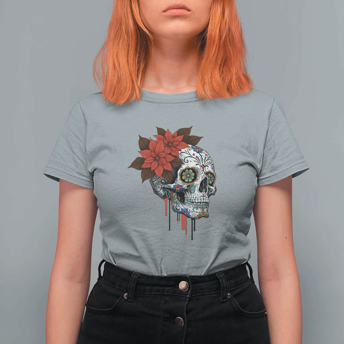 Sugar Skull Calavera Holiday Spirit Mistletoe T Shirt For Women - Wonder Print Shop