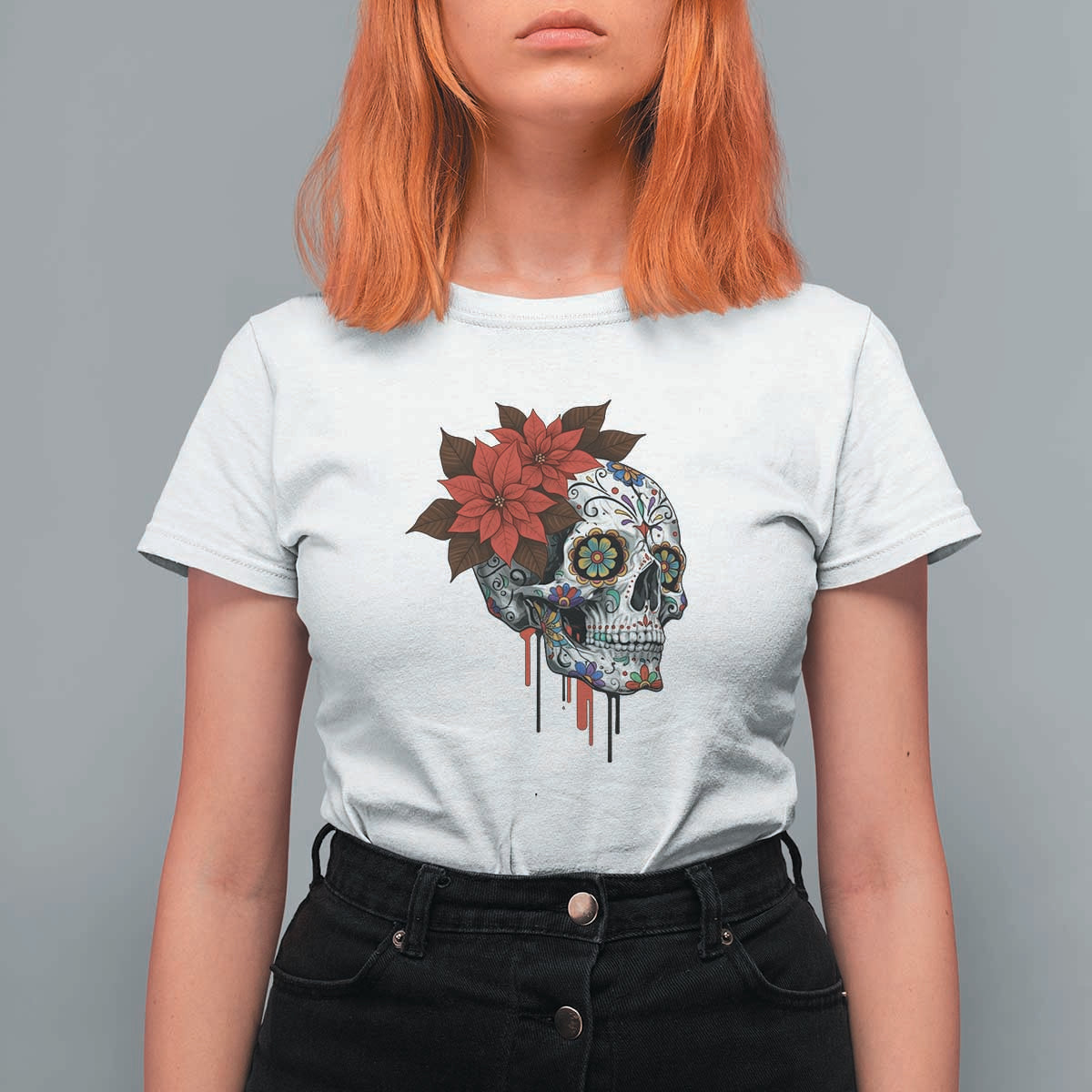 Sugar Skull Calavera Holiday Spirit Mistletoe T Shirt For Women - Wonder Print Shop