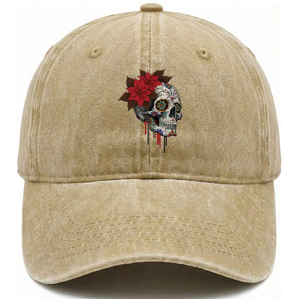 Sugar Skull Calavera Holiday Spirit Mistletoe Washed Cotton Baseball Cap