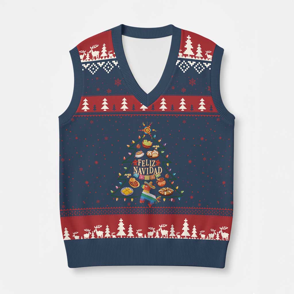 Feliz Navidad V-Neck Knit Sweater Vest Mexican Xmas Tree Fiesta - Wonder Print Shop