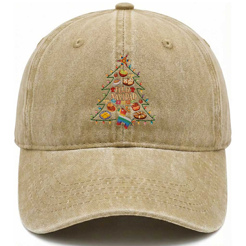 Feliz Navidad Washed Cotton Baseball Cap Mexican Christmas Tree Fiesta