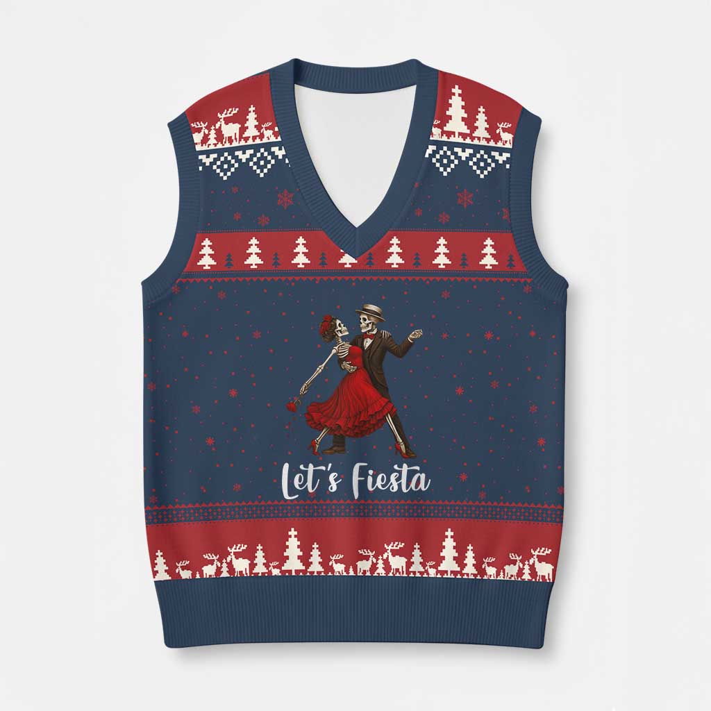 Skeleton Mexican Xmas V-Neck Knit Sweater Vest Let us Fiesta - Wonder Print Shop