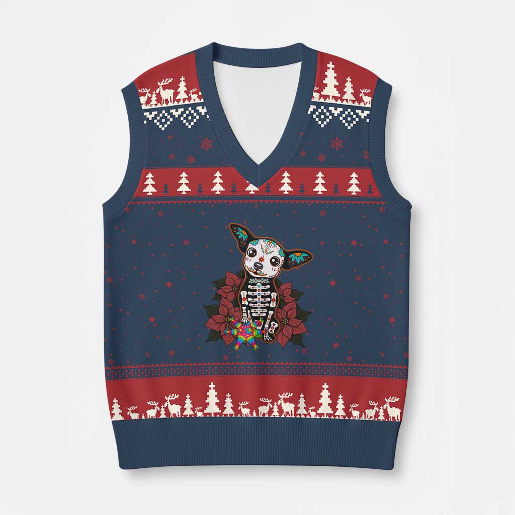 Calavera Chihuahua V-Neck Knit Sweater Vest Pinata Dia De Los Muertos Mexican - Wonder Print Shop