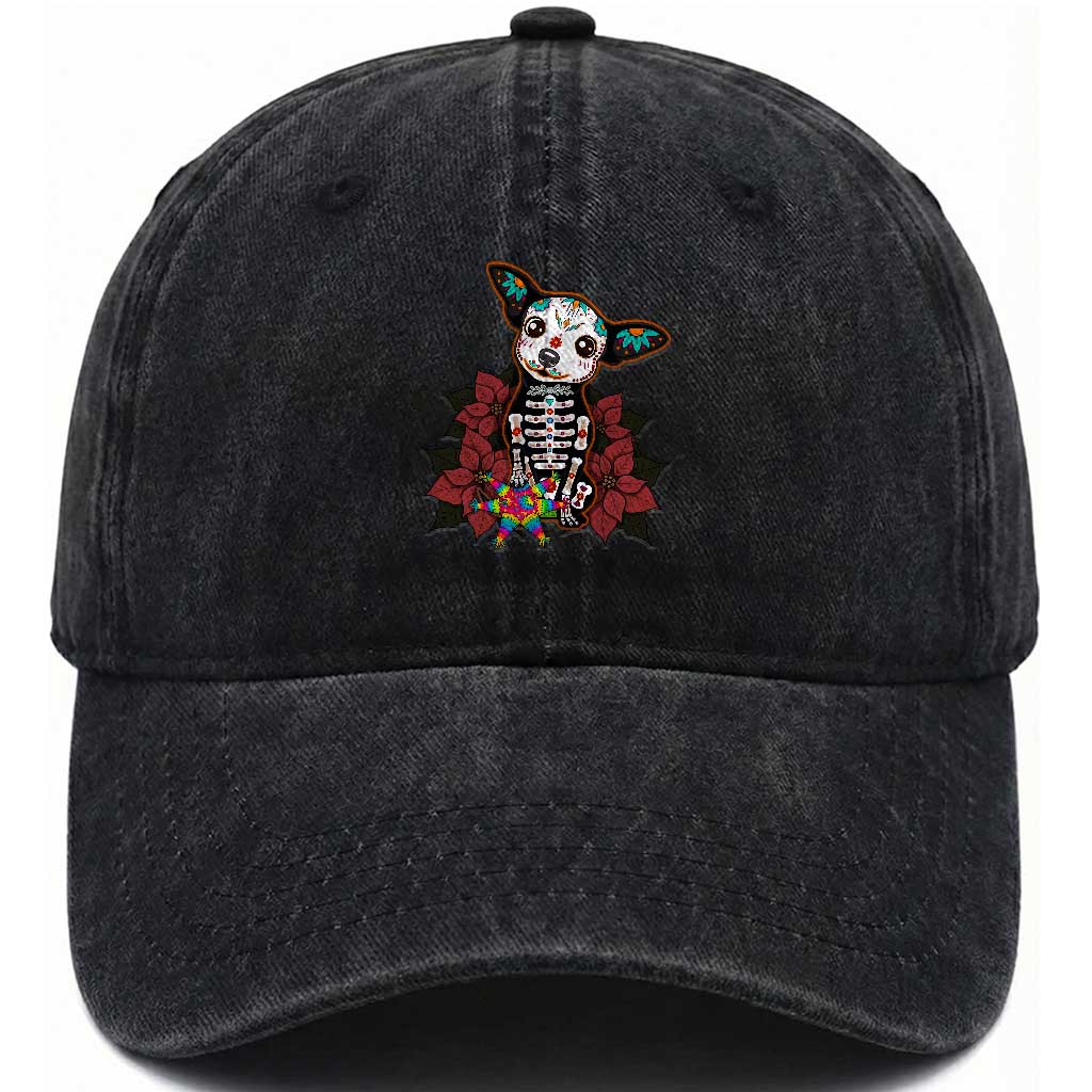 Calavera Chihuahua Washed Cotton Baseball Cap Pinata Dia De Los Muertos Mexican