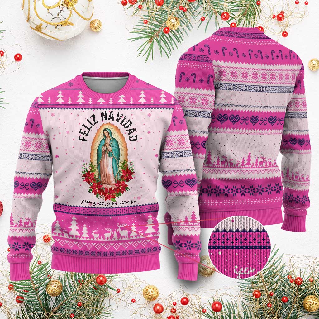 Virgin Mary Feliz Navidad Ugly Christmas Sweater Our Lady Virgen De Guadalupe - Wonder Print Shop