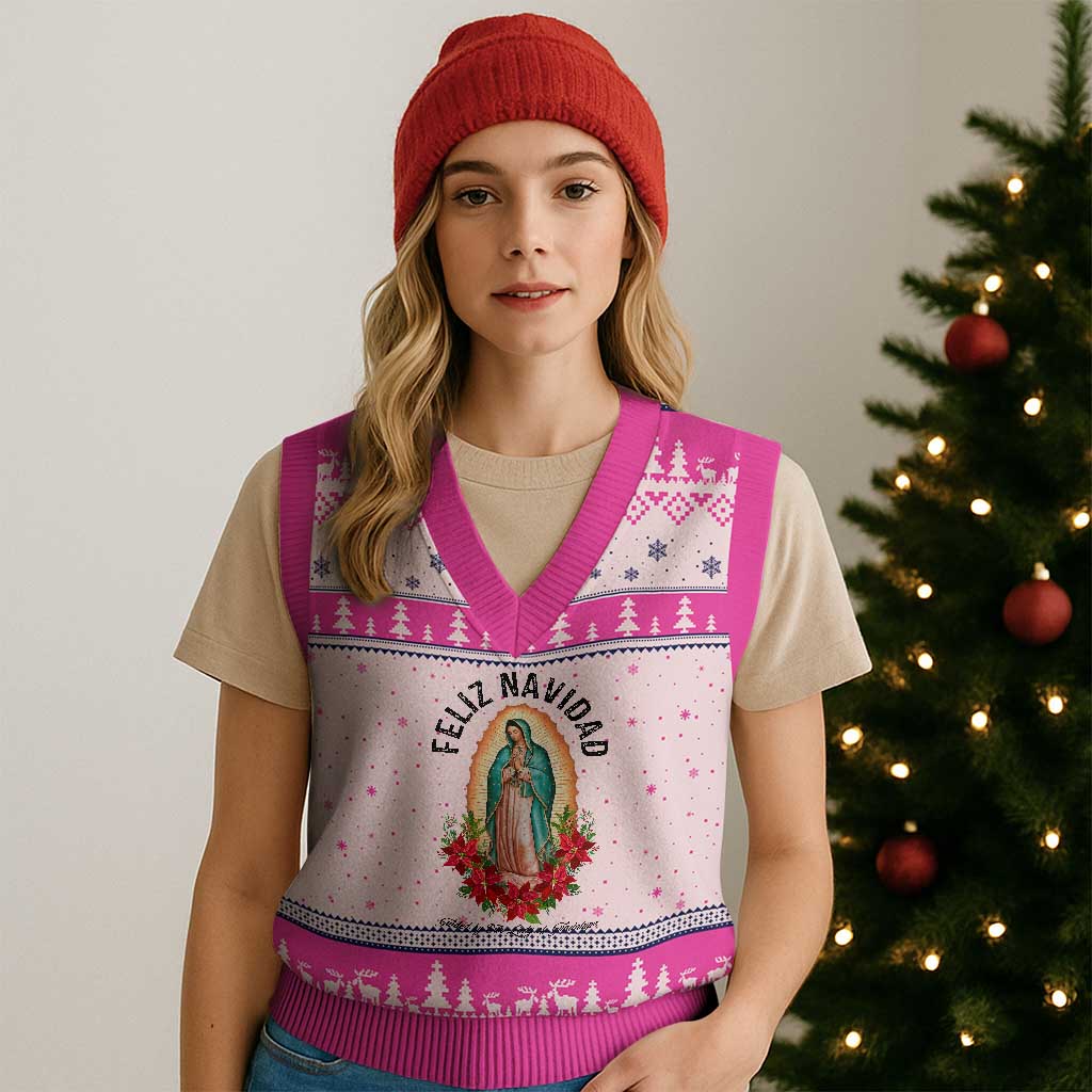 Virgin Mary Feliz Navidad V-Neck Knit Sweater Vest Our Lady Virgen De Guadalupe - Wonder Print Shop