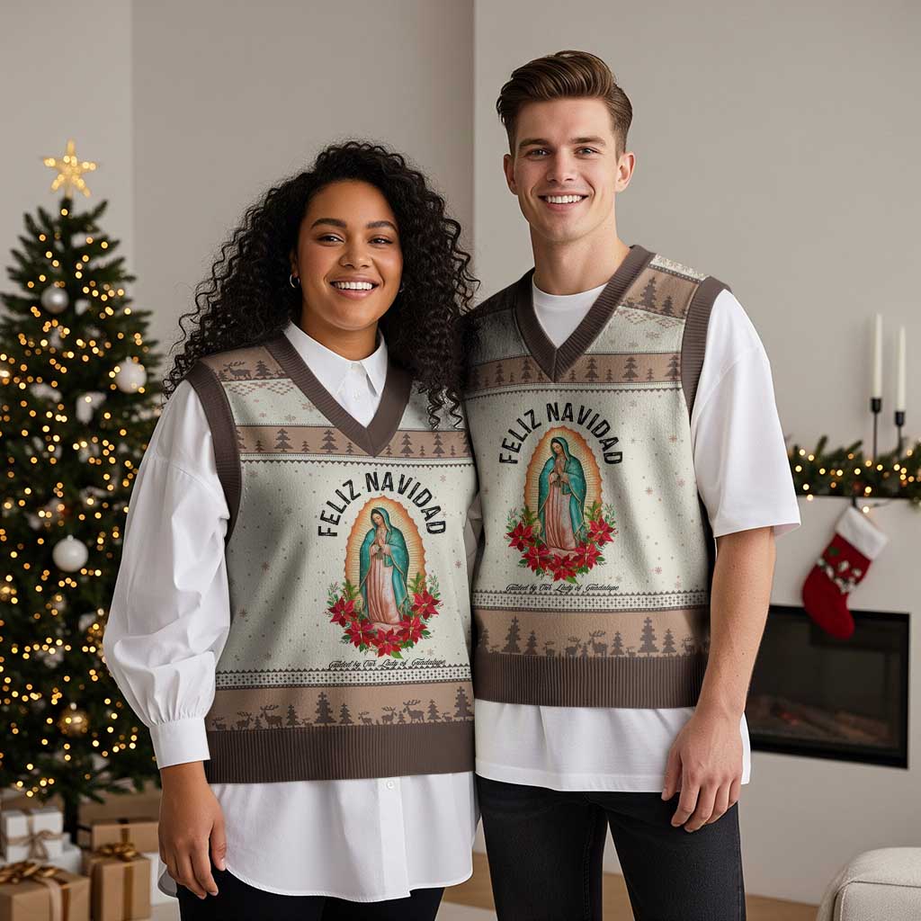 Virgin Mary Feliz Navidad V-Neck Knit Sweater Vest Our Lady Virgen De Guadalupe - Wonder Print Shop