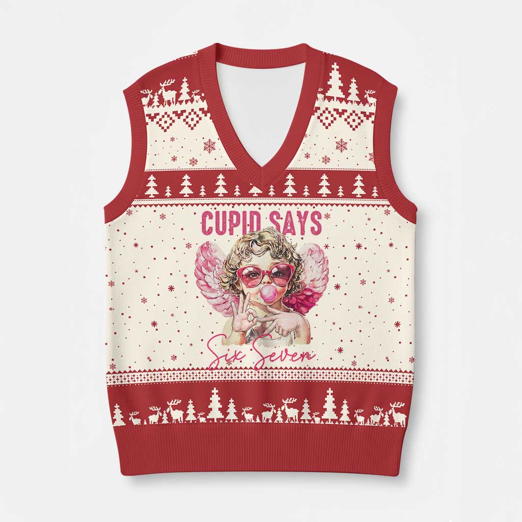 67 Valetines V-Neck Knit Sweater Vest Funny Cupid Says Six Seven - Wonder Print Shop