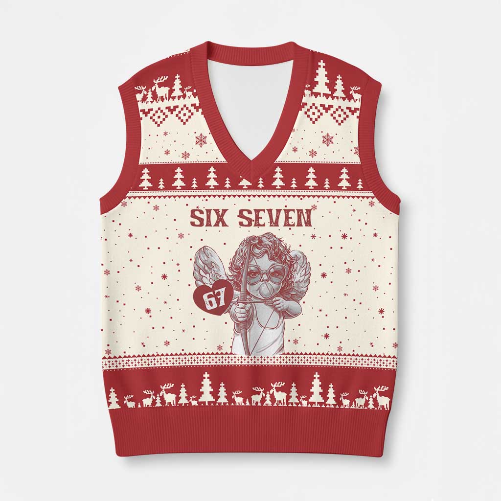 67 Valetines Meme V-Neck Knit Sweater Vest Funny Six Seven Valentines Day Heart - Wonder Print Shop
