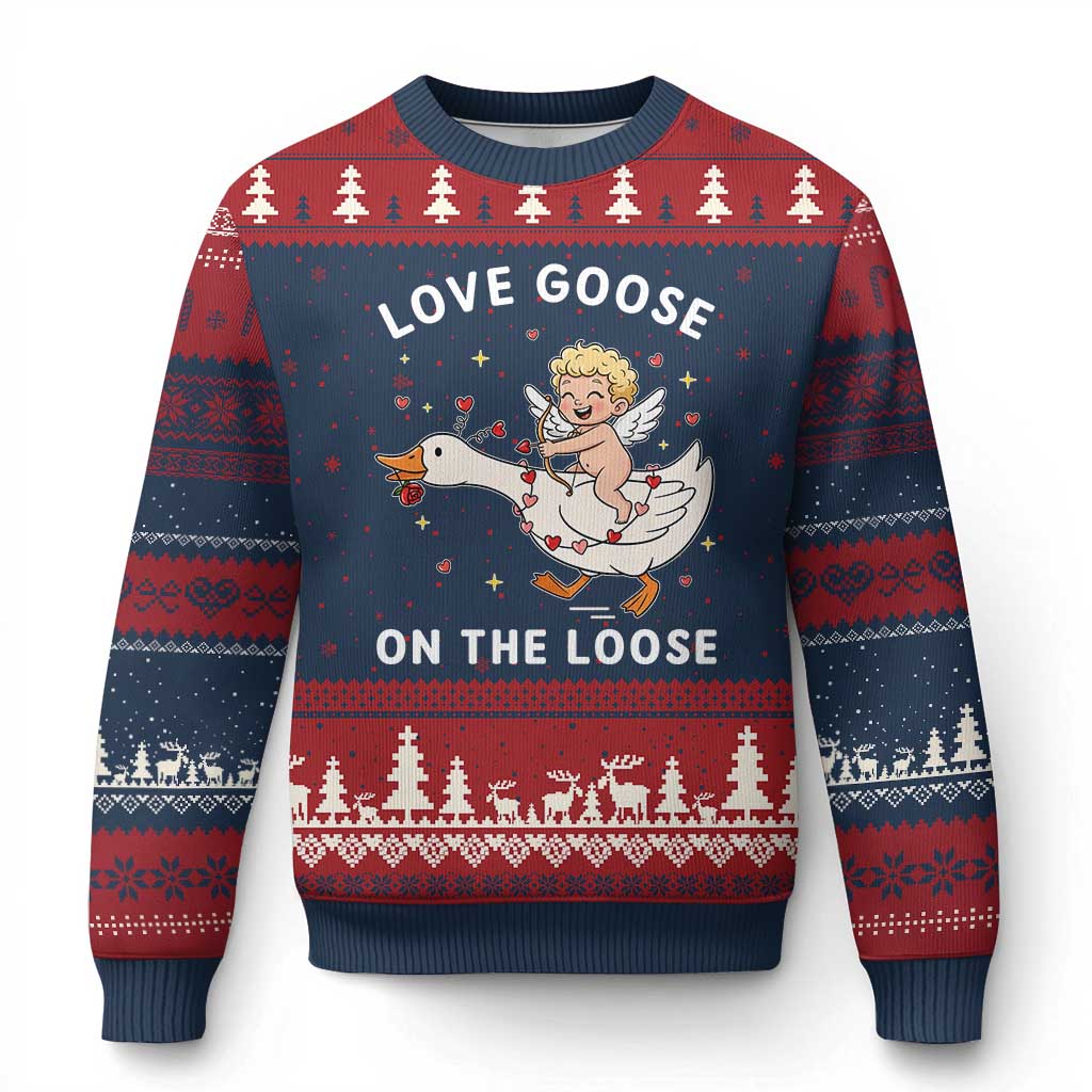 Funny Valentine Goose Ugly Christmas Sweater Love Goose On The Loose - Wonder Print Shop