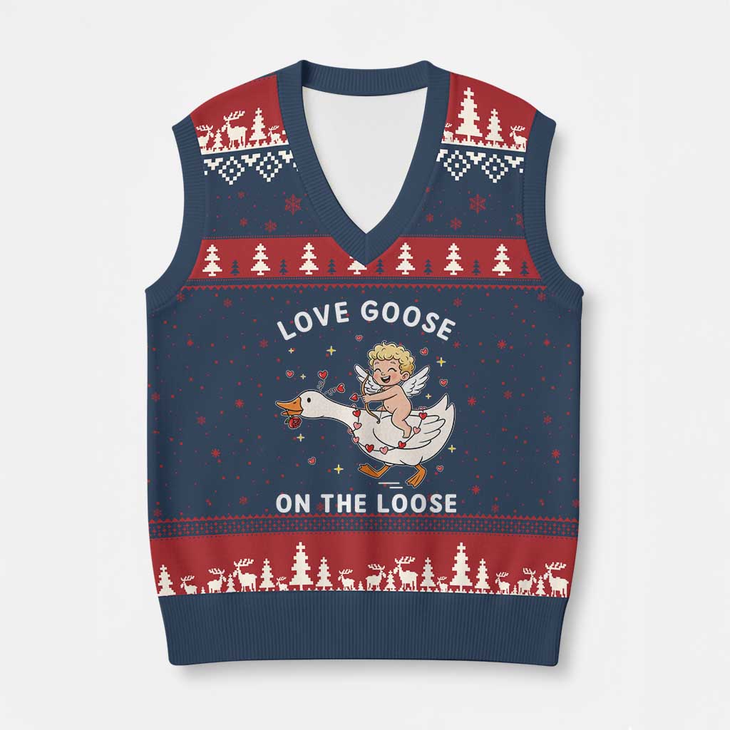 Funny Valentine Goose V-Neck Knit Sweater Vest Love Goose On The Loose - Wonder Print Shop