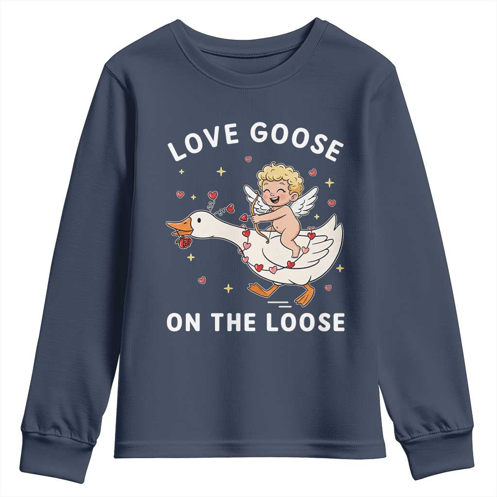 Funny Valentine Goose Youth Sweatshirt Love Goose On The Loose - Wonder Print Shop