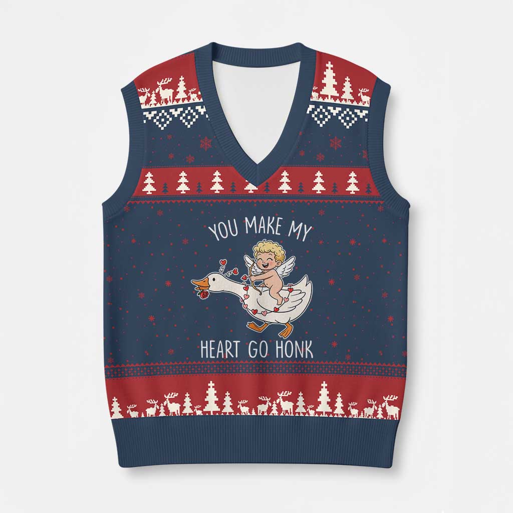 You Make My Heart Go Honk V-Neck Knit Sweater Vest Funny Valentine Goose - Wonder Print Shop