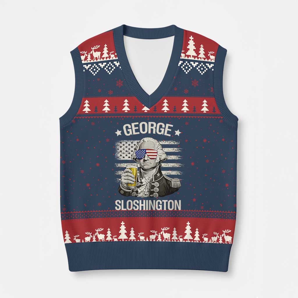 George Sloshington Washington V-Neck Knit Sweater Vest 4th of July America Flag Beer