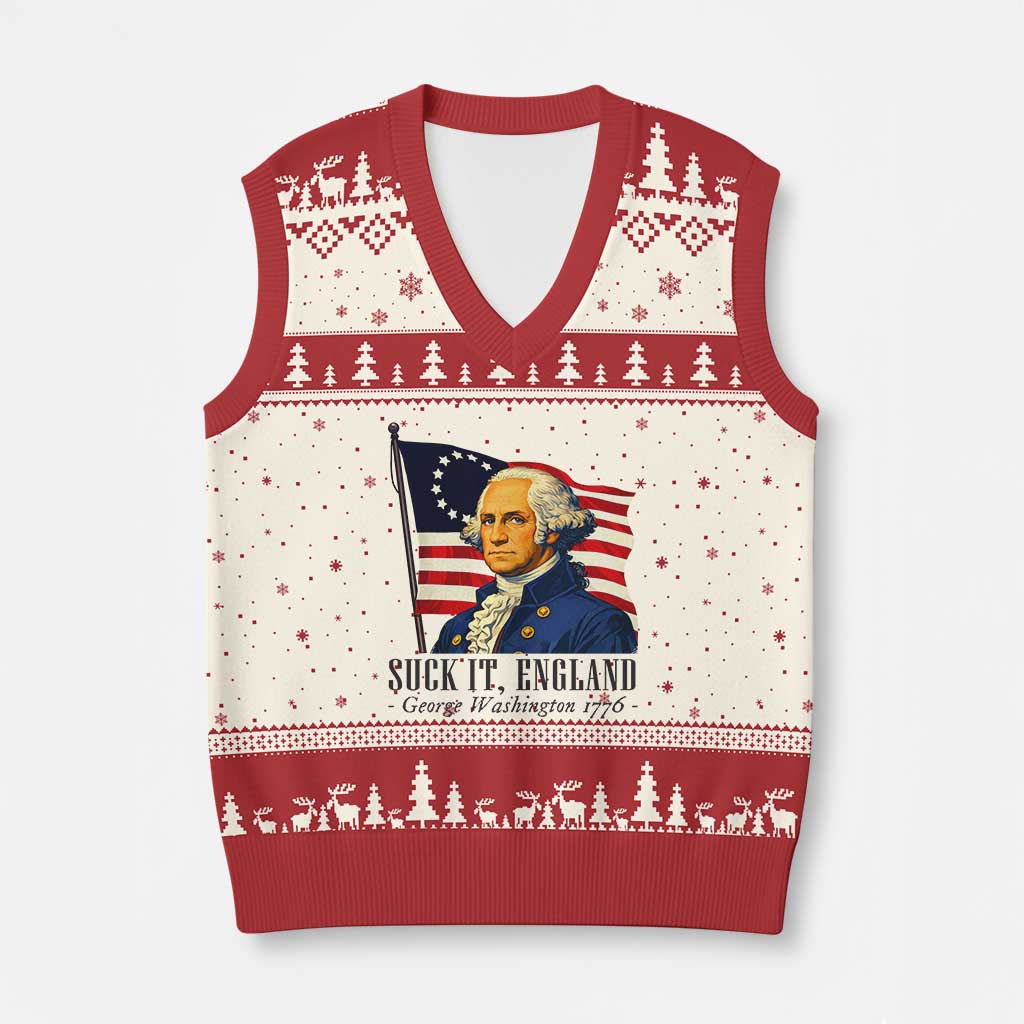 Funny George Washington 1776 V-Neck Knit Sweater Vest 4th July Suck-It England