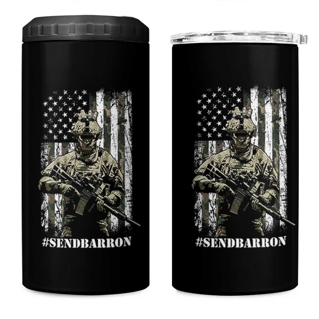 Send Barron 4 in 1 Can Cooler Tumbler Sarcastic Political American Flag Camo Soldier