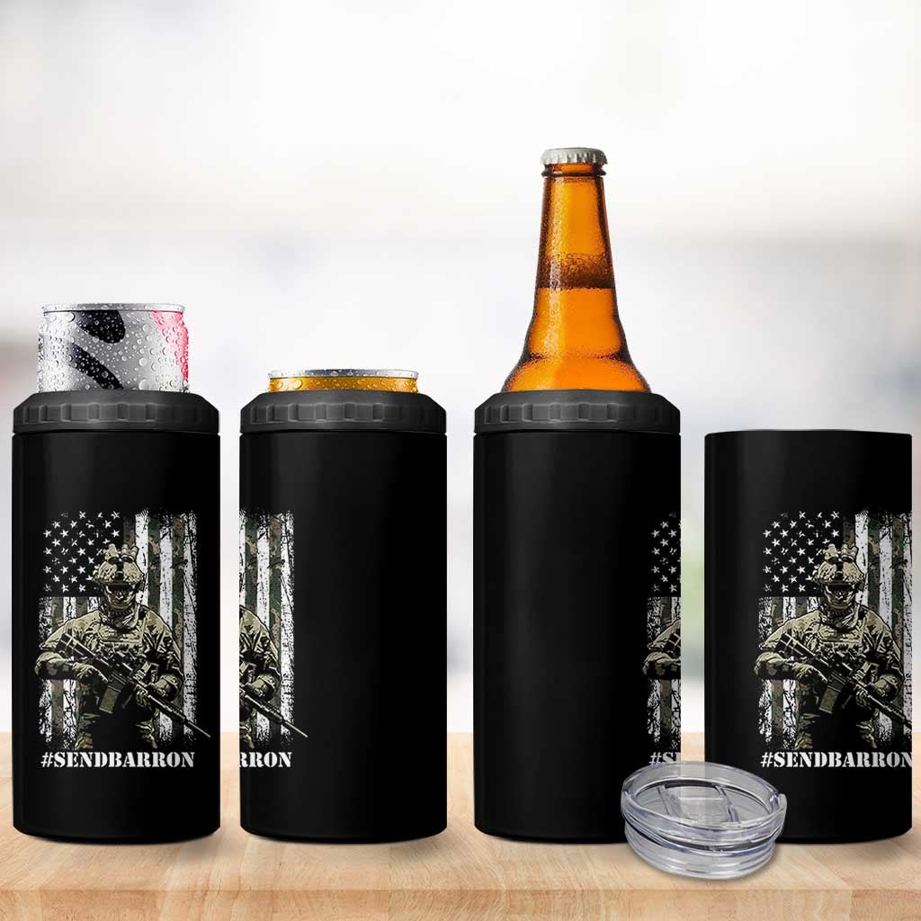 Send Barron 4 in 1 Can Cooler Tumbler Sarcastic Political American Flag Camo Soldier