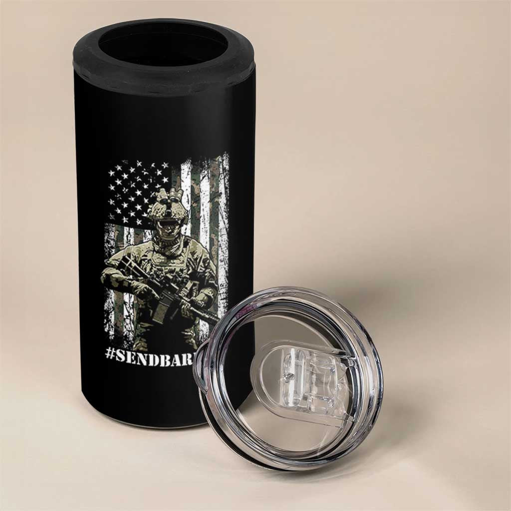 Send Barron 4 in 1 Can Cooler Tumbler Sarcastic Political American Flag Camo Soldier