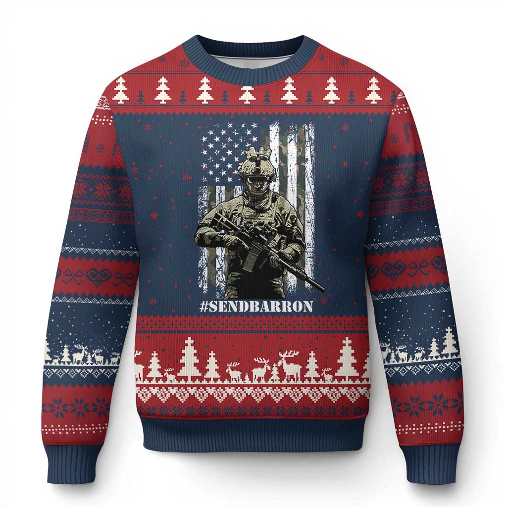 Send Barron Ugly Christmas Sweater Sarcastic Political American Flag Camo Soldier
