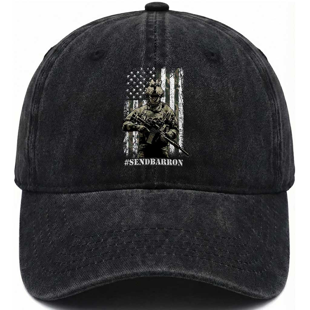 Send Barron Washed Cotton Baseball Cap Sarcastic Political American Flag Camo Soldier