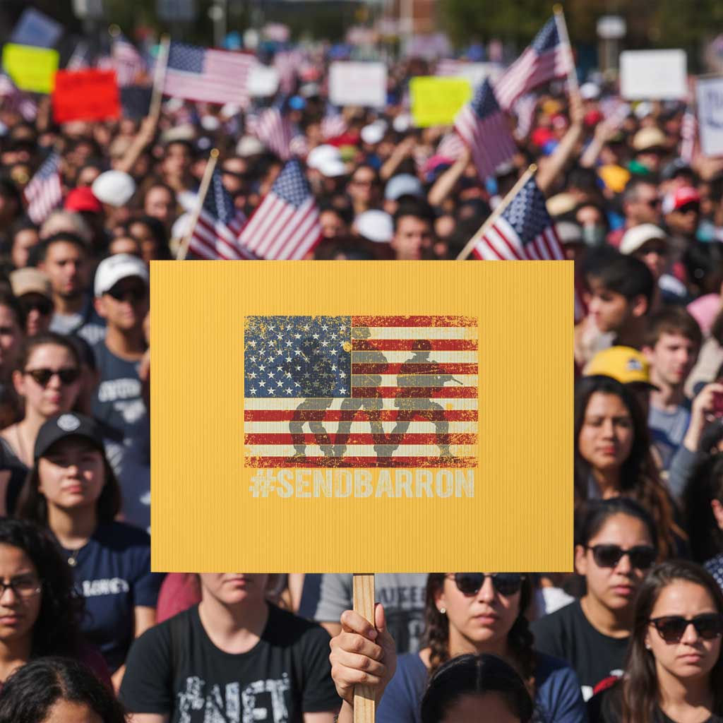 Send Barron Protest Sign Vintage American Flag Soldier Hashtag Internet Meme