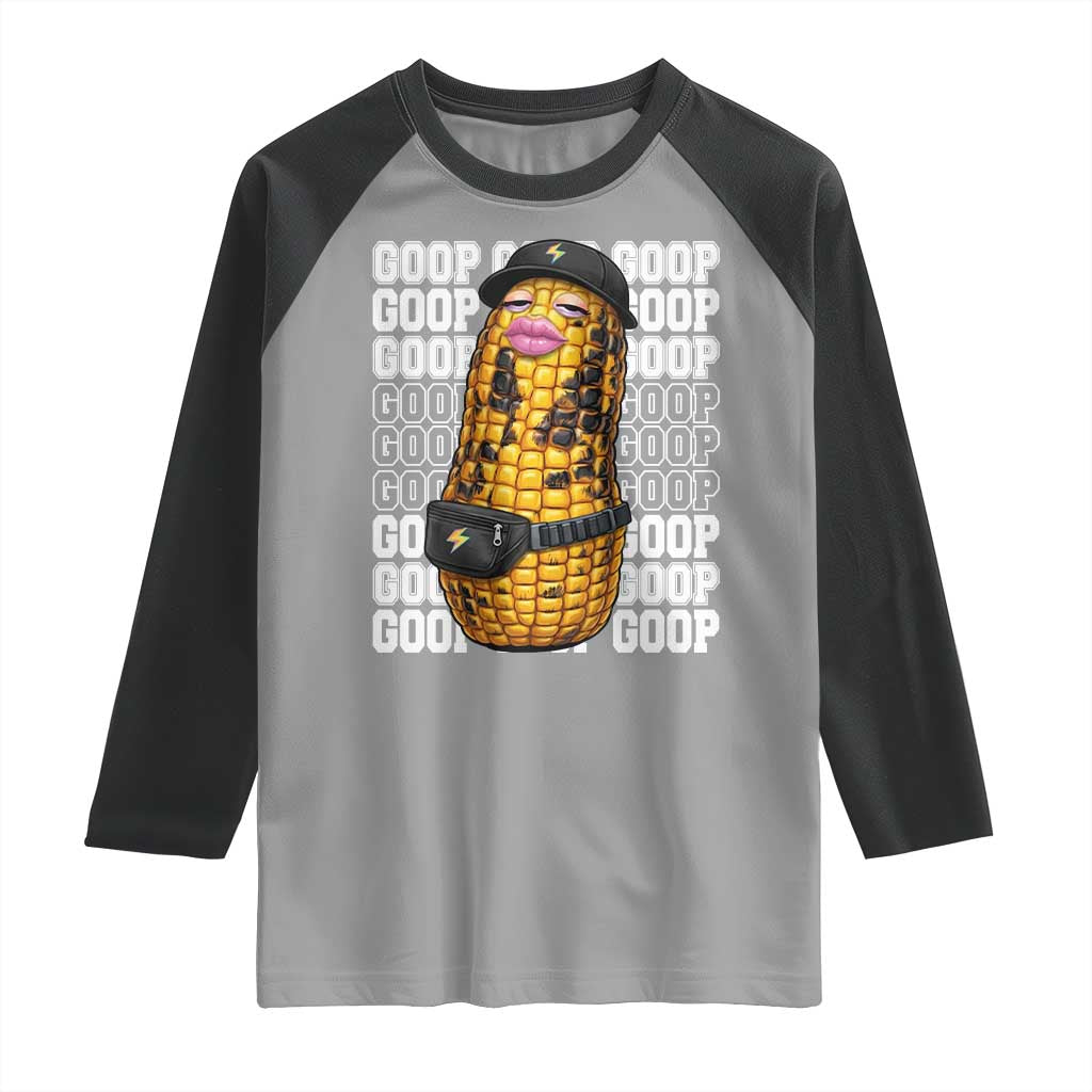 Funny Burnt Peanut Goop Raglan Shirt Burnt Corn Meme Viral Humor