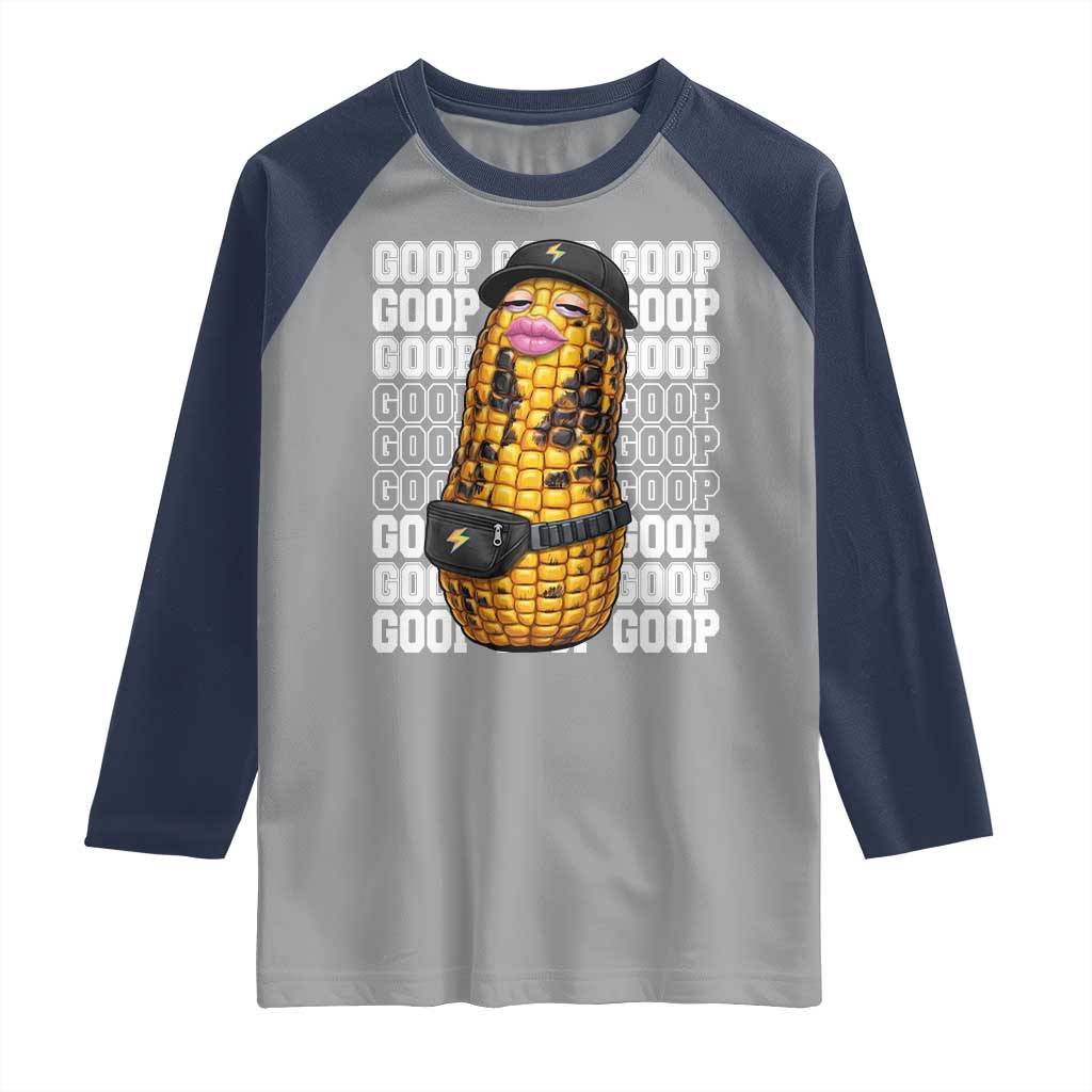Funny Burnt Peanut Goop Raglan Shirt Burnt Corn Meme Viral Humor
