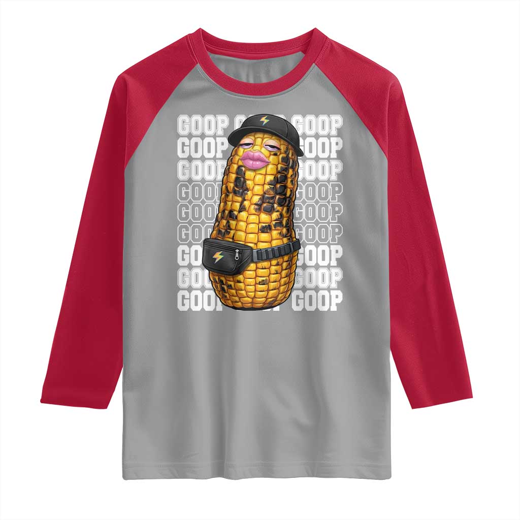 Funny Burnt Peanut Goop Raglan Shirt Burnt Corn Meme Viral Humor