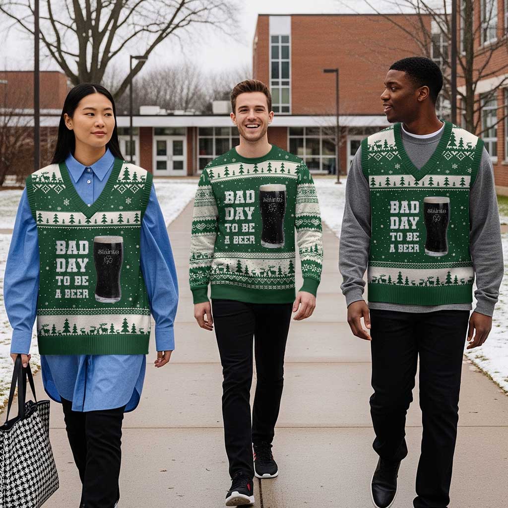 Irish Shamrock Beer V-Neck Knit Sweater Vest Bad Day To Be A Beer