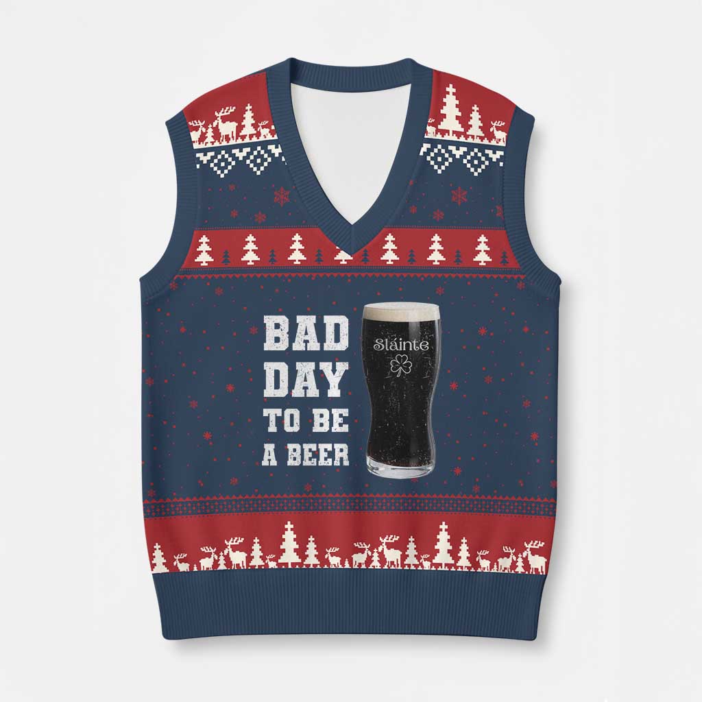 Irish Shamrock Beer V-Neck Knit Sweater Vest Bad Day To Be A Beer
